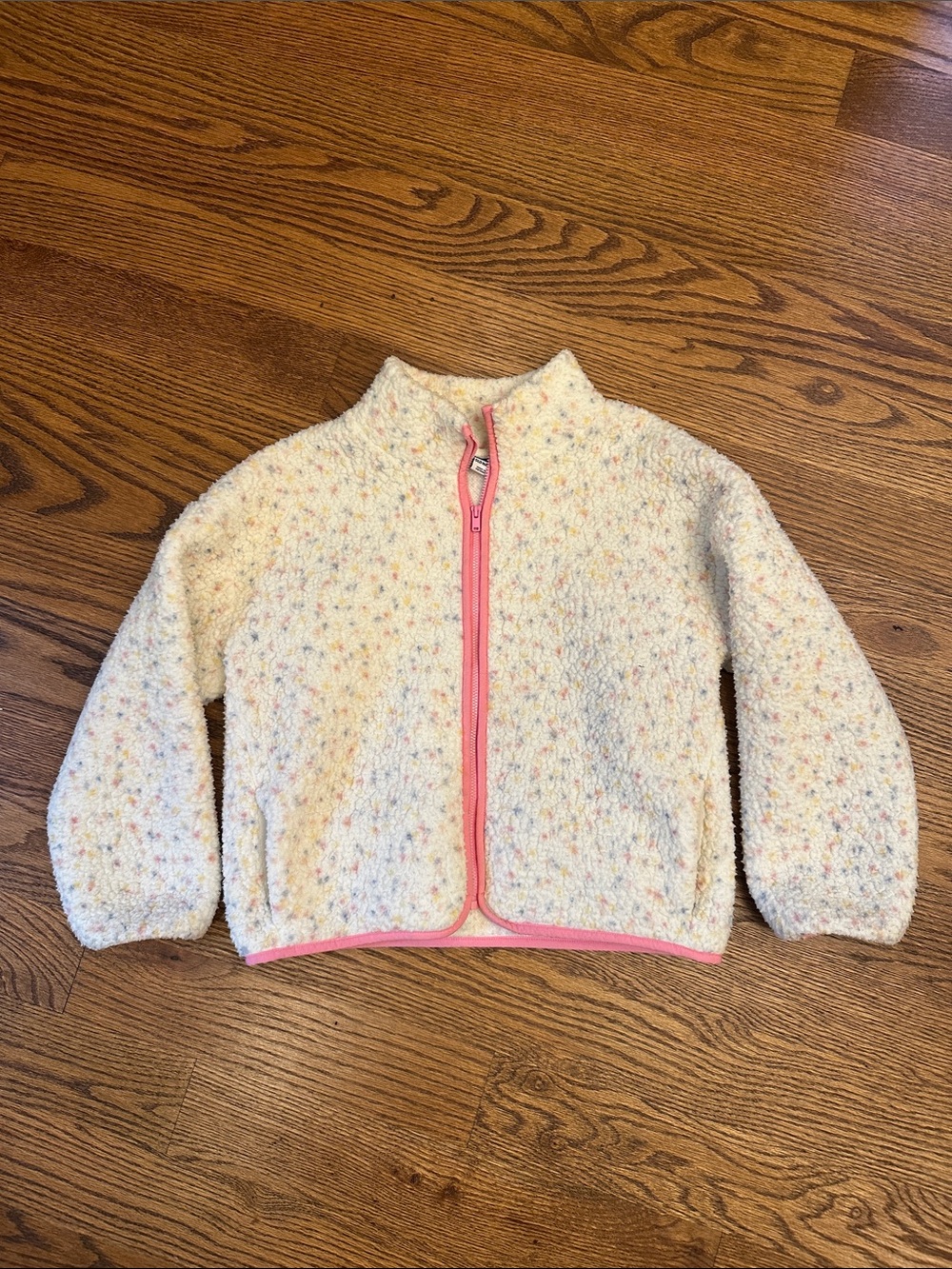 EUC Old Navy Cream Flecked Kids Fleece Jacket with Pink Trim; L